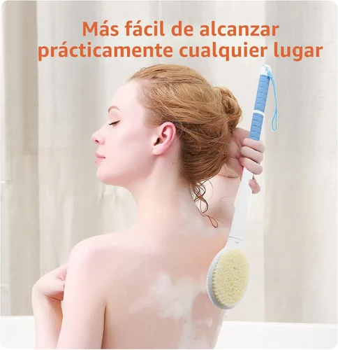 Vista 6 de Cepillo de ducha con cerdas suaves y rígidas, mango largo de 18.5" de doble cara, cepillo de baño para la espalda, exfoliador corporal para Azul