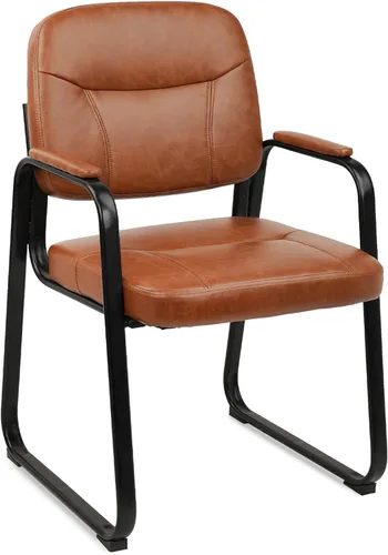 Vista 11 de CLATINA Silla de cuero para oficina, sala de espera, con base de trineo, silla de recepción sin ruedas con reposabrazos y soporte de madera, sillón