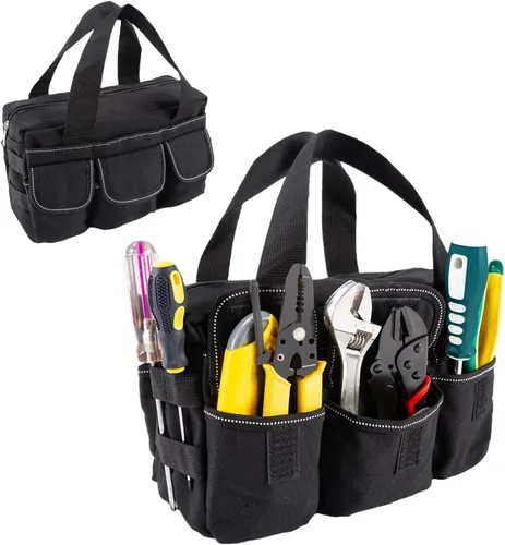 Vista 17 de Bolsa de herramientas pequeña, bolsa organizadora de herramientas de boca ancha, bolsa de herramientas de gran capacidad para hombres, bolsa de Caqui