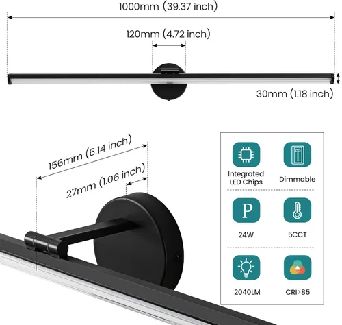 Vista 5 de KAISITE Luz de Tocador Negra de 39 Pulgadas Moderna Accesorio de Iluminación de Baño Sobre Espejo 24W Luz de Tocador LED Regulable de 5CCT para Baño