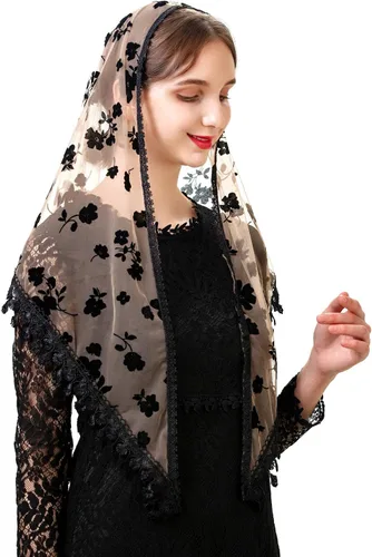 Velo de Encaje Triangular Mantilla Catedral de PAMOR para Cubierta de Cabeza, Velo de Capilla para Misa, Novias, Damas de Honor beige y negro