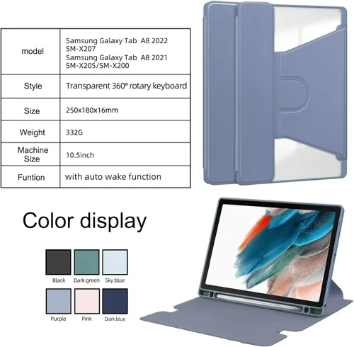 Vista 8 de Funda de tableta para Samsung Galaxy Tab A8 10.5 X200 X205 X207 (versión 2022), ligera funda de cuero con soporte folio de 360 grados compatible