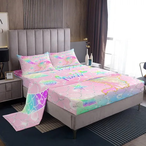 Vista 29 de Feelyou - Juego de sábanas de sirena, tamaño individual, arcoíris, cola de sirena impresa, juego de ropa de cama colorida, lindo juego de sábanas