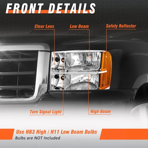 Vista 3 de 2007-2014 Conjunto de faros para 07-13 GMC Sierra 1500, 07-14 GMC Sierra 2500/3500 Faro delantero de carcasa cromada de reemplazo