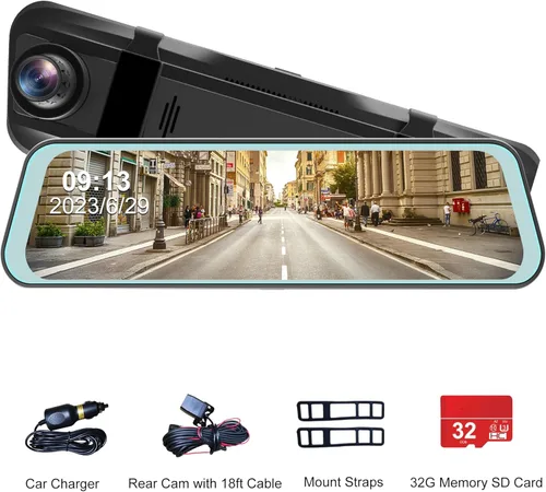 Vista 9 de Cámara de salpicadero con espejo, cámara frontal y trasera, pantalla táctil IPS de 9.66 pulgadas, versión nocturna, medios de vapor, monitor