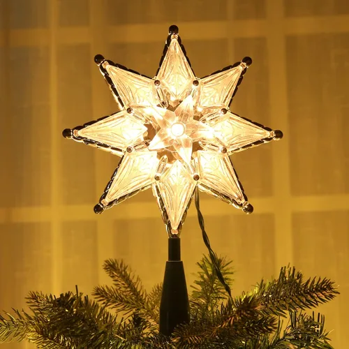 Brizled Decoración para árbol de Navidad con estrella de 8" iluminada de doble cara, estrella de 8 puntas con 10 luces cálidas, estrella de Navidad