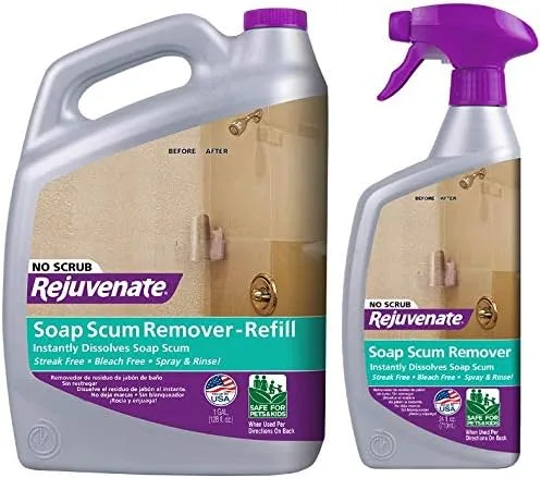 Rejuvenate Scrub Free Soap Scum Remover Shower Glass Door Cleaner Works on Ceramic Tile, Chrome, Plastic and More 24oz + 128oz