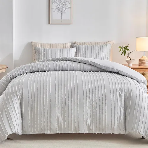 Vista 9 de WARMDERN Juego de funda de edredón de color amarillo bohemio, tamaño King, juego de funda de edredón texturizada a rayas, 3 piezas, funda de edredón