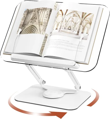Vista 11 de BYMECOST Soporte de acrílico para lectura, soporte ajustable para libros con base giratoria de 360° y clips elásticos para páginas, soporte elevador