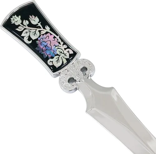 Vista 2 de Cuchillo de oficina de acero de metal con incrustaciones de madreperla Cortador de mano, sobre abrecartas (hortensia)