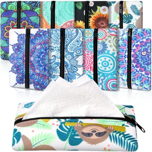 Vista 7 de 8 piezas de soporte para pañuelos de viaje, reutilizable, bolsa de tela con cremallera para bolsa, automóvil, oficina, hogar (Boho)