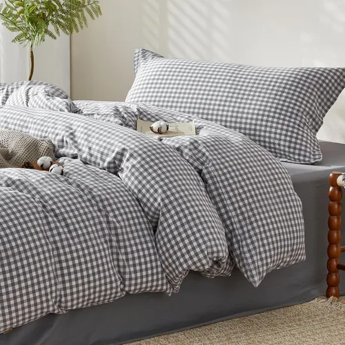 Vista 455 de SAPHREAS Juego de funda de edredón de algodón, tamaño King, a cuadros color gris oscuro y gris, geométrico, 3 piezas, 1 funda de edredón y 2 fundas