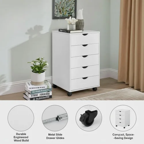 Vista 186 de Naomi Home Cómoda de 5 cajones para dormitorio, alta y elegante, con ruedas y estantes de almacenamiento, pequeña para guardarropa, para maquillaje