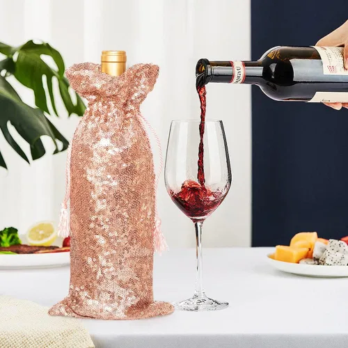 Vista 10 de Eternal Beauty 4 bolsas de vino con cordón, cubierta de botella de lentejuelas para bodas de cumpleaños (14 x 6 pulgadas, negro)