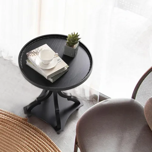 Vista 5 de Wnutrees Mesa auxiliar redonda de estilo granja, mesitas de noche rústicas para sala de estar, bandeja de madera, acabado artesanal, juego de 2