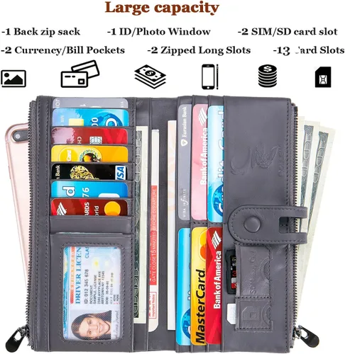 Vista 2 de Wallet for Women Large Capacity Genuine Leather Bifold RFID Blocking Card Holder Clutch Wallet with Zipper Pocket