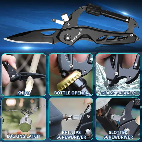 Vista 4 de Mosquetón multiherramienta con cuchillo de bolsillo, abrebotellas, rompevanas, destornilladores, equipo de supervivencia táctico EDC para acampar