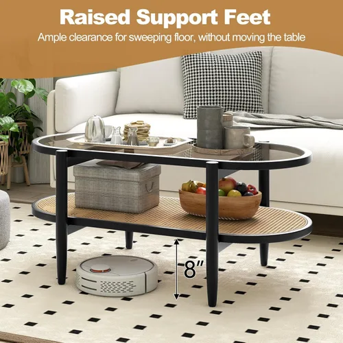 Vista 7 de Giantex Mesa de centro de ratán, mesa de té de madera ovalada de 2 niveles con mesa de vidrio templado y estante de almacenamiento de ratán de Negro
