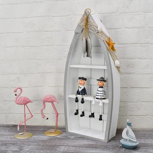 Vista 5 de Morning View Estante de madera para barco de 2 estantes, decoración náutica con red de pesca, estrellas de mar, conchas marinas, montaje en pared