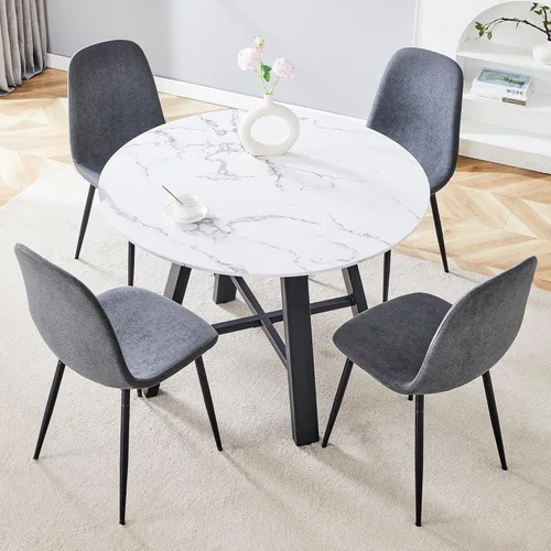 Vista 26 de Juego de 4 mesas de comedor redondas de 42 pulgadas para 4, sillas de mesa de cocina modernas, juego de 4 sillas tapizadas de madera con patas