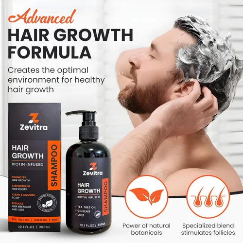 Vista 8 de Champú para el crecimiento del cabello, fórmula botánica natural con infusión de biotina con aceite de árbol de té, ginseng y menta para un cabello