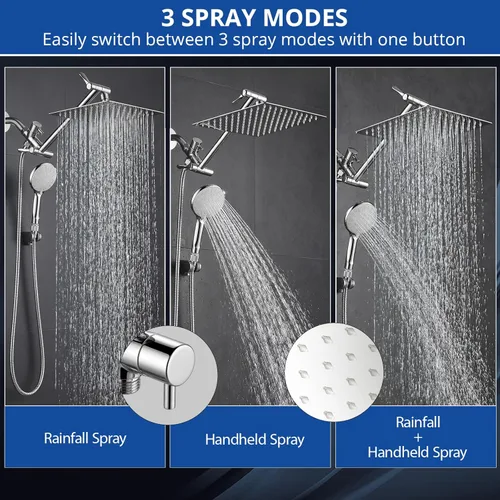 Vista 3 de Cabezal de ducha, regadera de mano y lluvia de 8 pulgadas, juego de regadera de alta presión con brazo de extensión de 11 pulgadas, cabezal de ducha