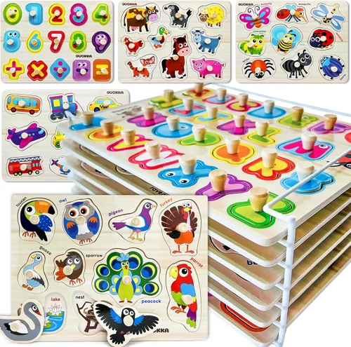 Vista 11 de QUOKKA Rompecabezas de madera para niños pequeños de 1 a 3 – 4 juegos de rompecabezas con clavijas para niños de 2 a 4 años – Juguete de aprendizaje