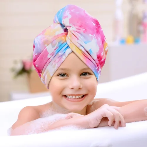 Vista 7 de WAWSAM Paquete de 2 toallas de secado de cabello para niños, toalla de microfibra para el cabello para niñas, gorro de pelo de secado rápido con Azul