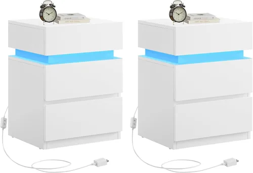 Vista 23 de VASAGLE Mesita de noche con luces LED, colores de luz ajustables, mesa de noche, mesa auxiliar con 3 cajones, estilo moderno, 13.8 x 15.7 x 21.7