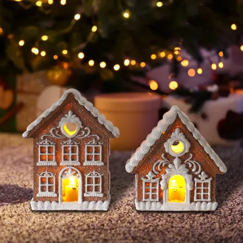Braxio Decoración navideña para interiores, kit de casa de jengibre, 2 piezas con luz LED, casas de resina en miniatura de 3 pulgadas para