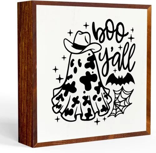 Divertidas decoraciones de Halloween, decoración de telaraña, murciélago, fantasma, vaca occidental, niño, caja de madera, letrero de escritorio,
