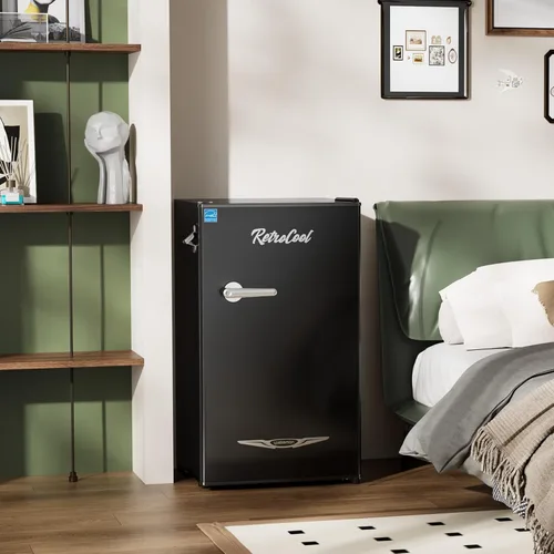 Vista 7 de Upstreman Mini refrigerador retro de 3.2 pies cúbicos con abridor de botellas, ahorro de energía, termostato ajustable, mango de metal, lámpara LED