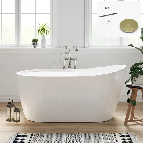 Vista 21 de FerdY Langkawi - Bañera independiente de acrílico de 59 pulgadas, bañera de remojo sola moderna blanca, certificado cUPC, drenaje dorado cepillado