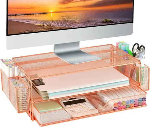 AUPSEN Soporte elevador para monitor de computadora, organizadores y accesorios de escritorio de 2 niveles, organizador de accesorios de escritorio