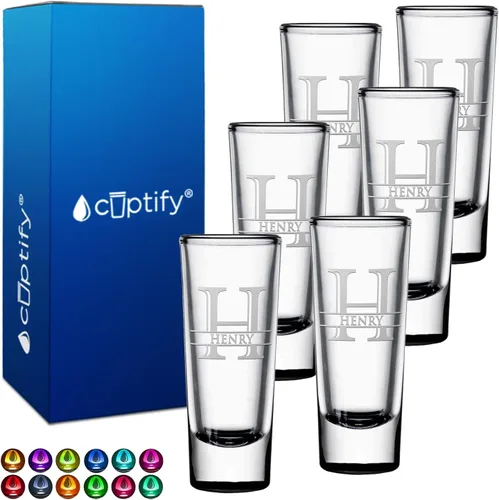 Vista 67 de Vaso de chupito personalizado con fondo negro personalizado de 2 oz, vasos de chupito cordiales con inicial y nombre en script dividido