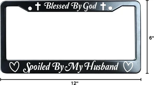 Vista 2 de Blessed by God Spoiled by My Husband Marco de matrícula de metal negro resistente, divertido humor marco para placa de auto, soporte para placa