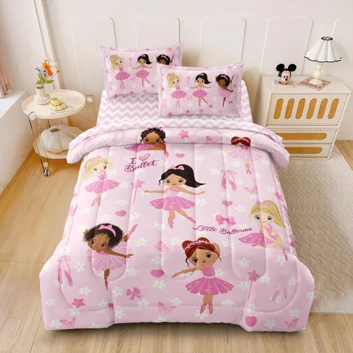 Vista 3 de Juego de ropa de cama Twin para niñas, juego de edredón de 5 piezas, ropa de cama en una bolsa, ropa de cama de bailarina floral rosa, juego