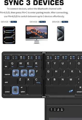 Vista 3 de ZenRich Teclado Bluetooth plegable con soporte y teclado táctil grande, teclado numérico, teclado de bolsillo de viaje para iPad, Windows, iOS