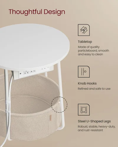 Vista 6 de VASAGLE Colección LILEA - Mesa auxiliar con estación de carga, mesa auxiliar redonda con cesta de tela, mesita de noche con puertos USB, para sala