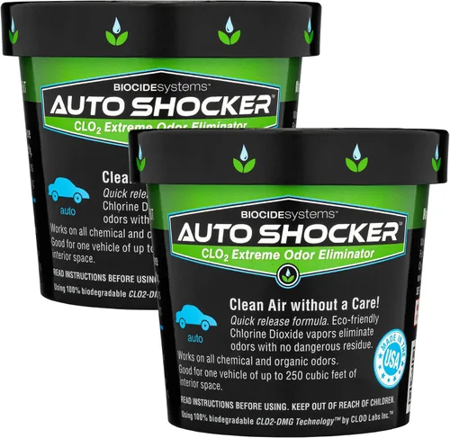 Biocide Systems Auto Shocker - Eliminador de olores fuerte para automóvil, eliminador de olores ClO2 ecológico para olores duros en interiores de