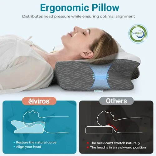 Vista 2 de Elviros Almohada cervical para dormir, almohada de espuma viscoelástica para aliviar el dolor de cuello, almohadas refrescantes para adultos