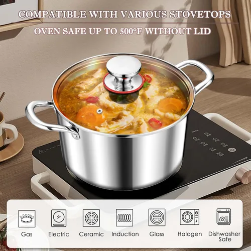 Vista 5 de Herogo Olla de 5 cuartos de galón, olla de cocina de tres capas con tapa, olla de pasta de acero inoxidable 1810 con asas, olla de 5 cuartos