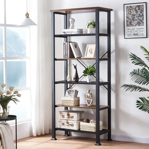 Vista 12 de HOMBAZAAR Estantería de 3 niveles, estantería industrial marrón rústico, estantería profunda de madera y metal, estantería baja para sala de estar