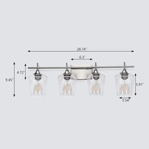 Vista 6 de Lámparas de tocador, 4 luces de baño, lámpara de pared cromada con pantalla de vidrio transparente, iluminación moderna de pared de baño para baño