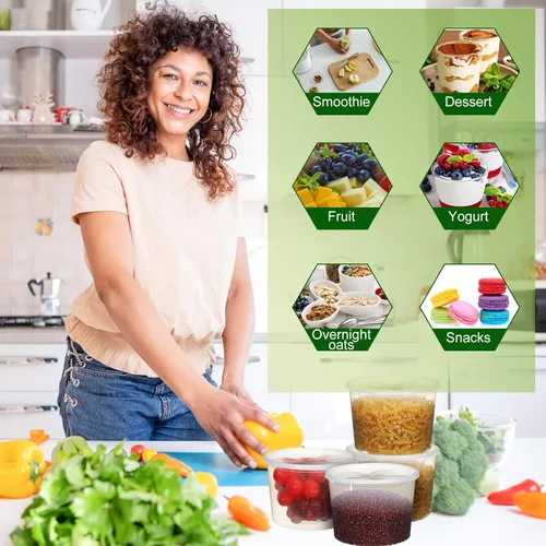 Vista 4 de Skylety 60 juegos de recipientes de plástico con tapas, recipientes de almacenamiento de alimentos, tazas de sopa, a prueba de fugas, microondas