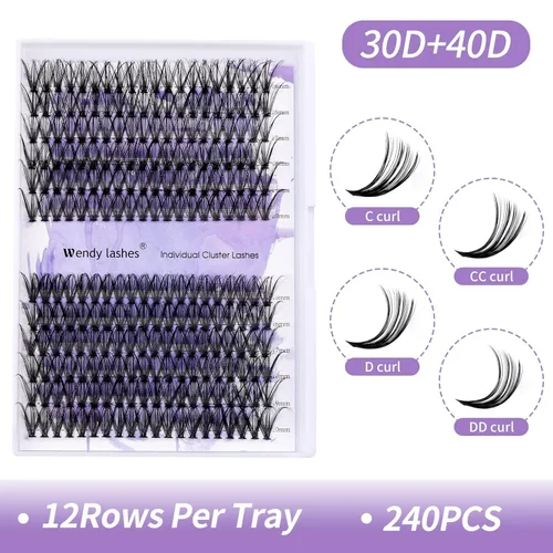 Vista 4 de Extensiones de pestañas individuales en racimo 30D/40D, pestañas naturales mixtas, rizado C/D, 0.07 mm, negro mate, suaves, 16-20 mm, para colocar