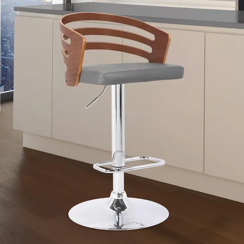 Vista 2 de Armen Living Adele - Taburete de bar moderno giratorio de altura ajustable de piel sintética gris y madera de nogal con base cromada para encimera