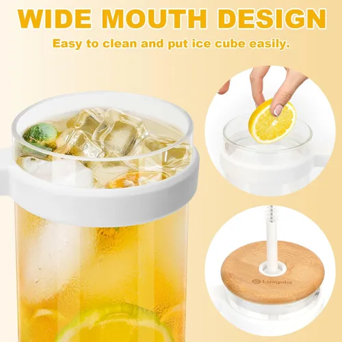 Vista 3 de Vaso de vidrio de 32 onzas con asa, taza de café helado con tapa de bambú y pajitas, taza de agua de vidrio transparente reutilizable