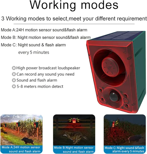 Vista 7 de Alarma de sonido con sensor de movimiento solar para exteriores, función de grabación de volumen ajustable, sirena de seguridad de sonido de 130 dB