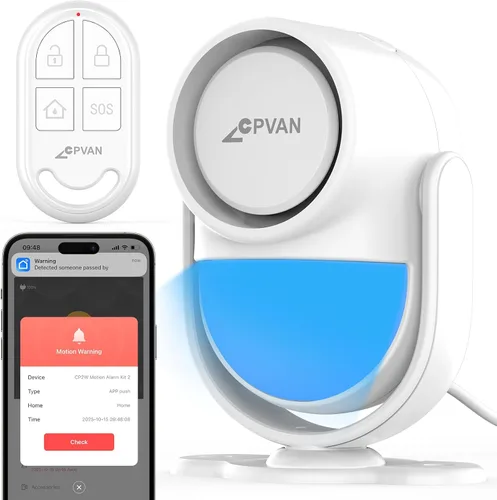 Vista 7 de CPVAN Alarma de Sensor de Movimiento de Alto Volumen de 125dB con Control Remoto de 328 pies (Detector PIR de 40 pies, Baterías), Detector